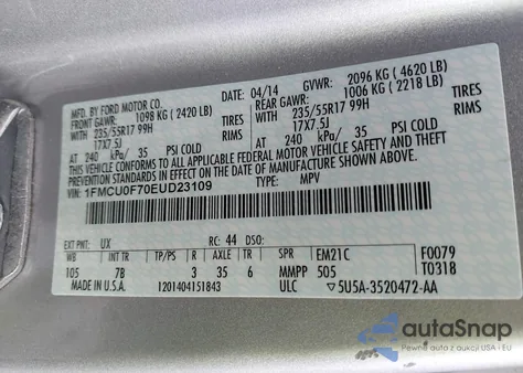 2014 Ford Escape S z USA, uszkodzony, nr VIN 1FMCU0F70EUD23109